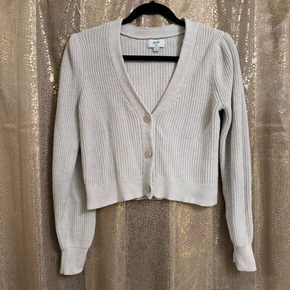 Aerie Cropped Cardigan Cream Beige Chunky Knit Balloon Sleeves Medium - Picture 1 of 6